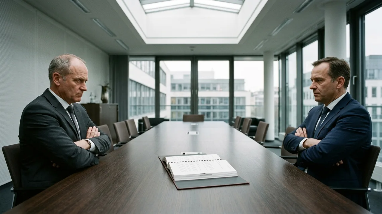 Zwei Geschäftspartner sitzen mit verschränkten Armen an entgegengesetzten Enden eines Konferenztisches.