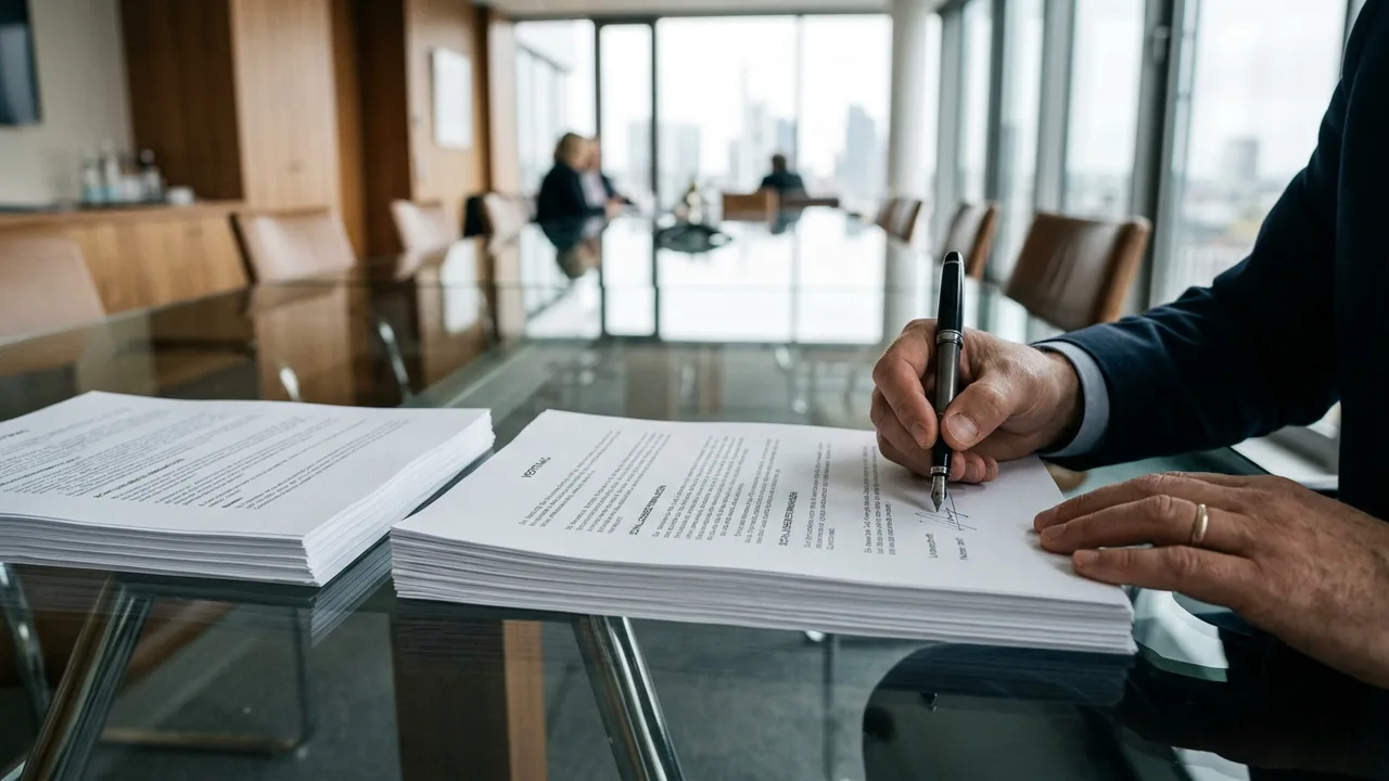 Hand unterschreibt mit Füllfederhalter die letzte Seite eines dicken Vertragsdokuments.