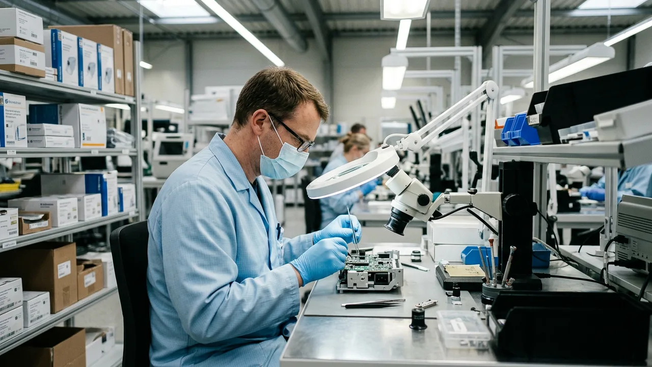 Eine Technikerin montiert in einer Werkstatt ein medizintechnisches Bauteil.