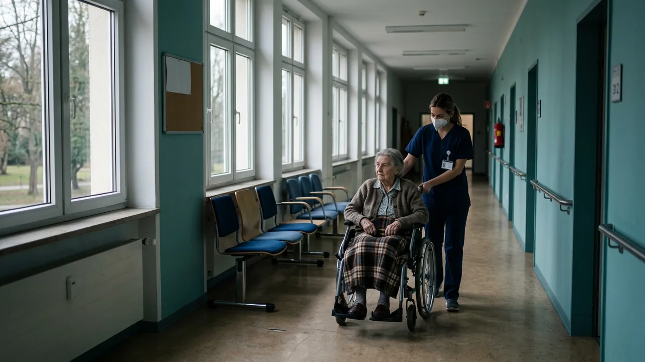 Eine Pflegekraft schiebt einen älteren Patienten in einem ruhigen Krankenhausflur.