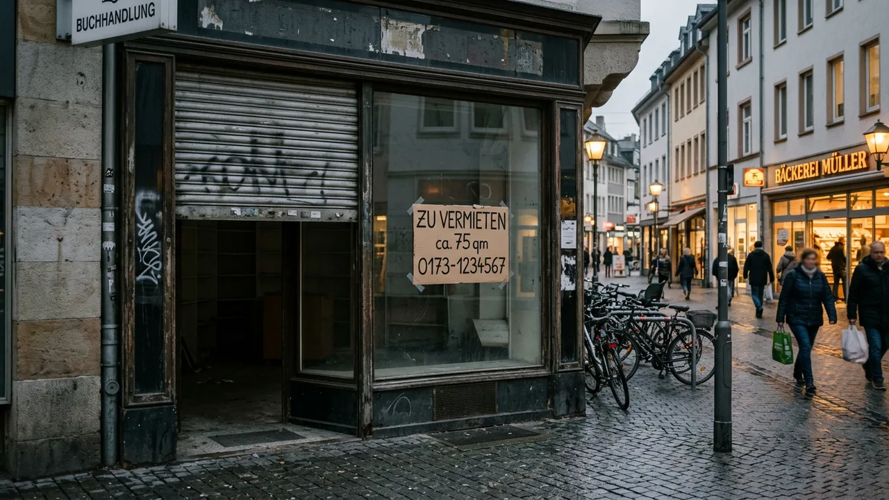 Leerstehendes Ladenlokal mit heruntergelassenem Rollladen und Vermietungsschild in einer deutschen Fußgängerzone