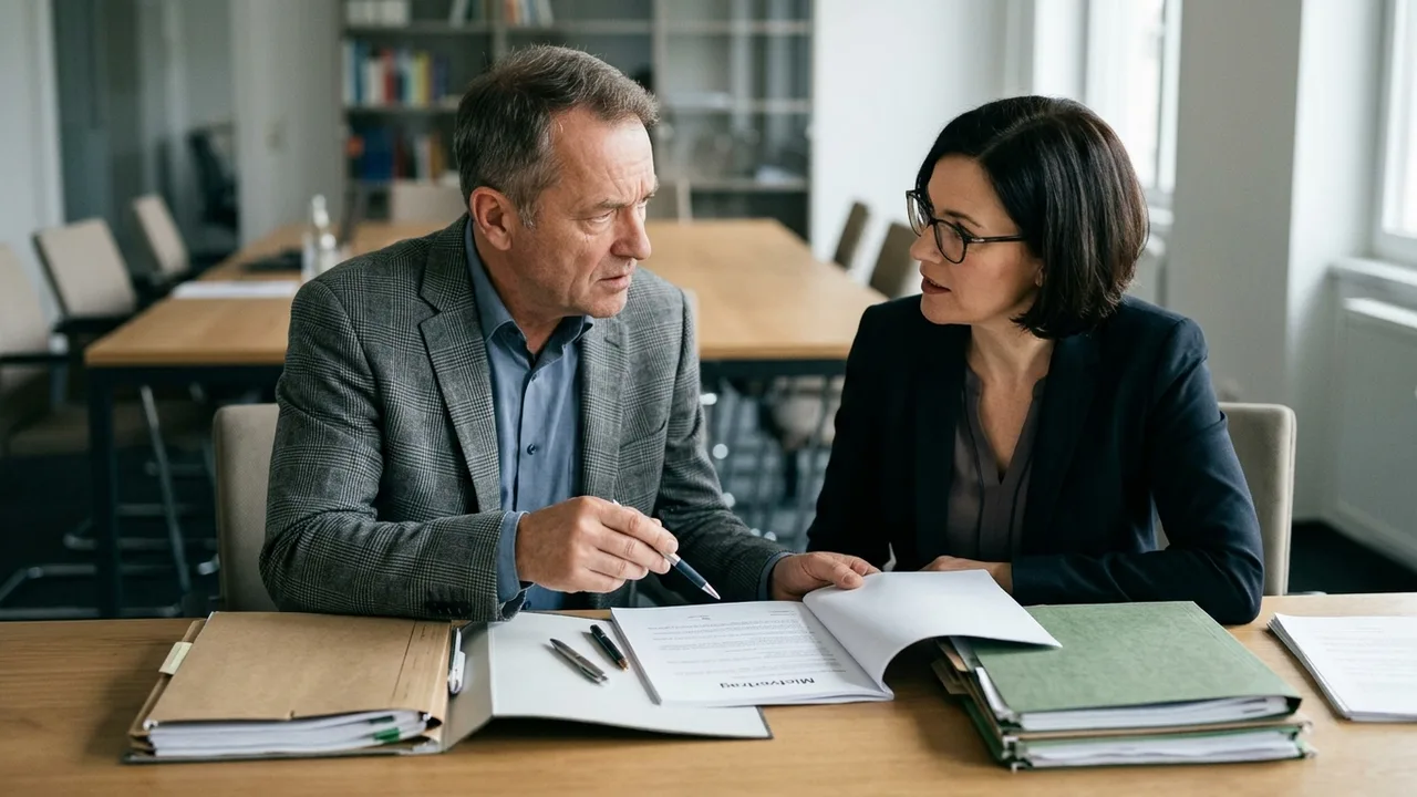 Vermieter und Rechtsberater besprechen Unterlagen zu einem gekündigten Gewerbemietvertrag am Schreibtisch