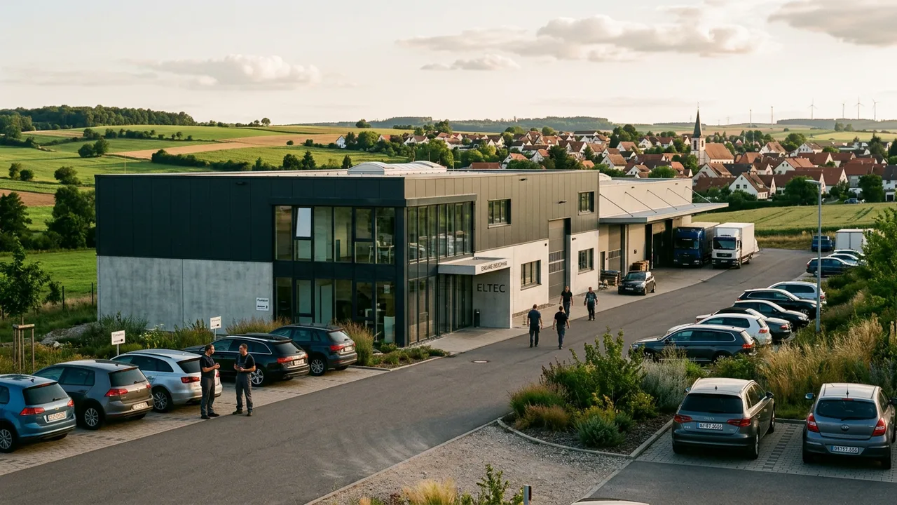 Fabrikgebäude eines mittelständischen Unternehmens am Stadtrand mit Parkplatz und Feldern im Hintergrund.