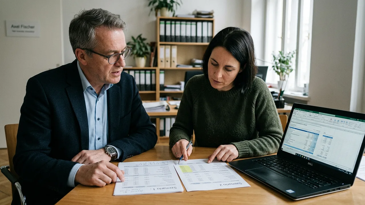 Ein Steuerberater und ein Unternehmer besprechen am Tisch zwei ausgedruckte Berechnungsvarianten.