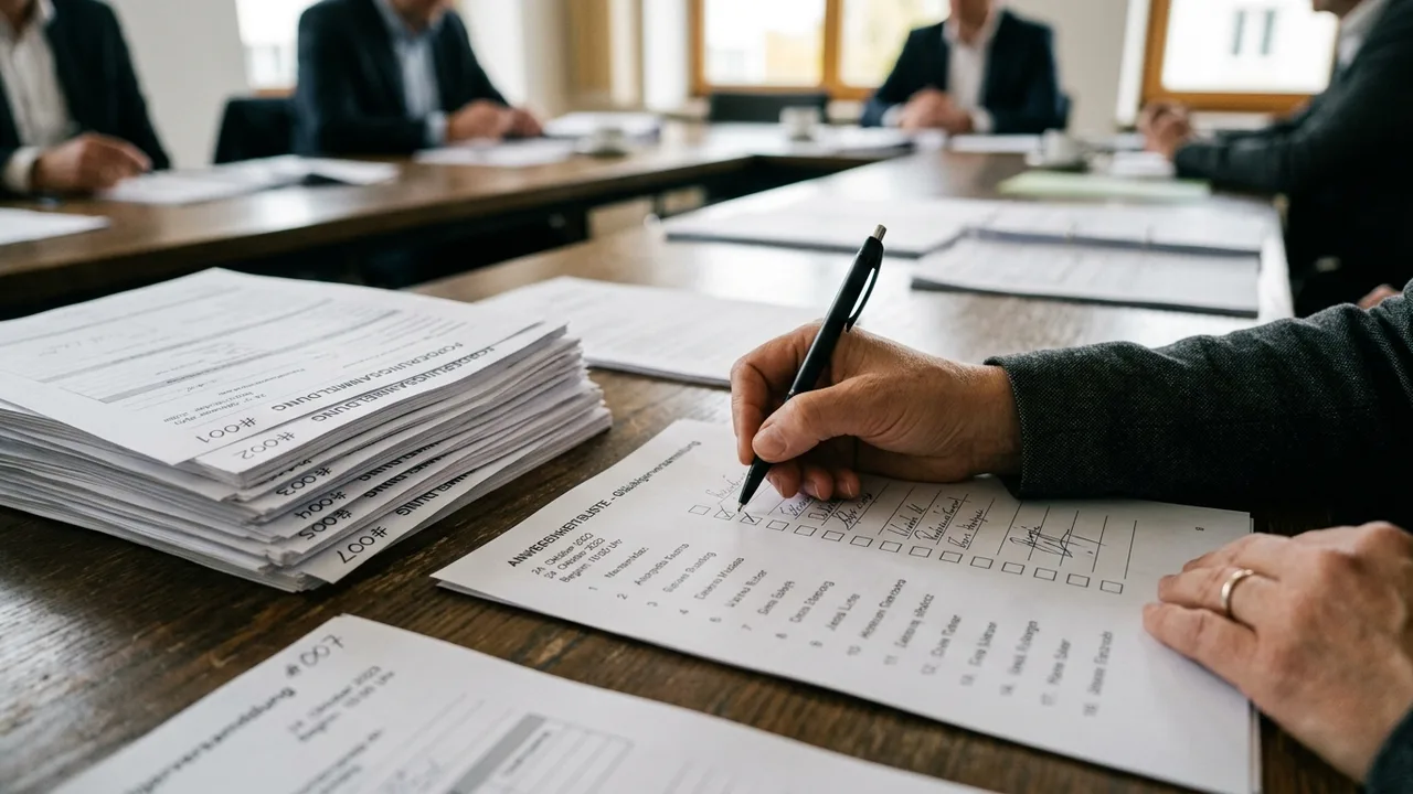 Hand hakt einen Namen auf einer Anwesenheitsliste neben gestapelten Forderungsunterlagen ab.