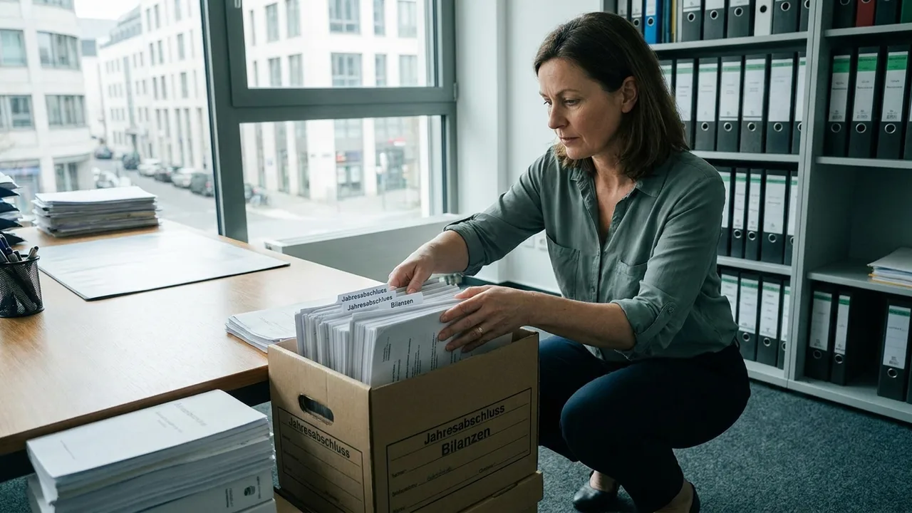 Buchhalter archiviert Schlussbilanzen und Geschäftsunterlagen