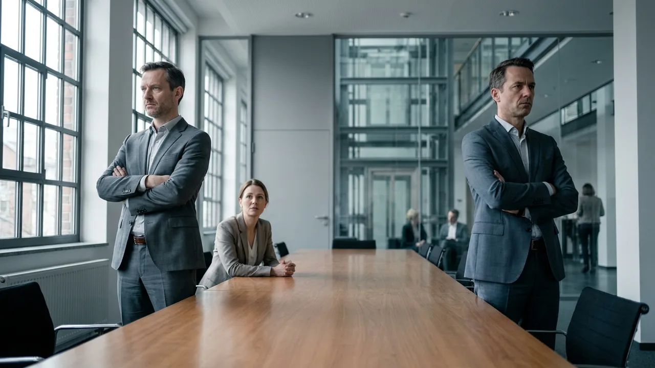 Zwei Gesellschafter im Streit an einem Konferenztisch mit Mediator