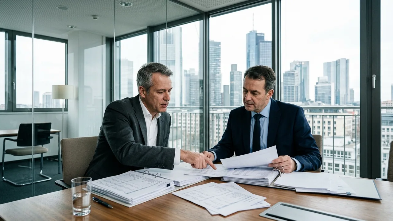 Zwei Geschäftsführer besprechen Finanzunterlagen in einem Besprechungsraum mit Glasfassade.