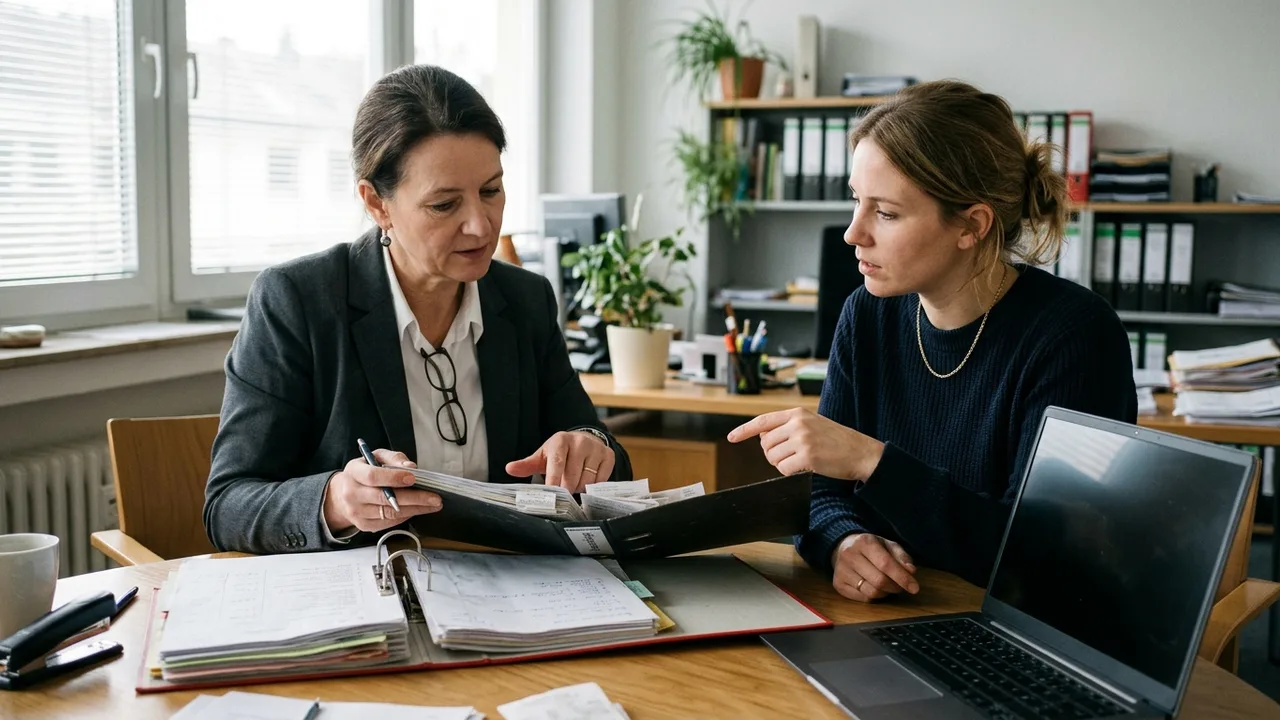 Steuerprüfer und Geschäftsinhaberin sichten gemeinsam Kassenbelege und digitale Aufzeichnungen im Büro