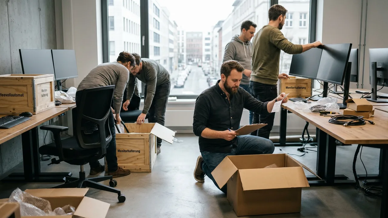 Ein Mitarbeiter packt neue Büroausstattung aus und prüft den Lieferschein.