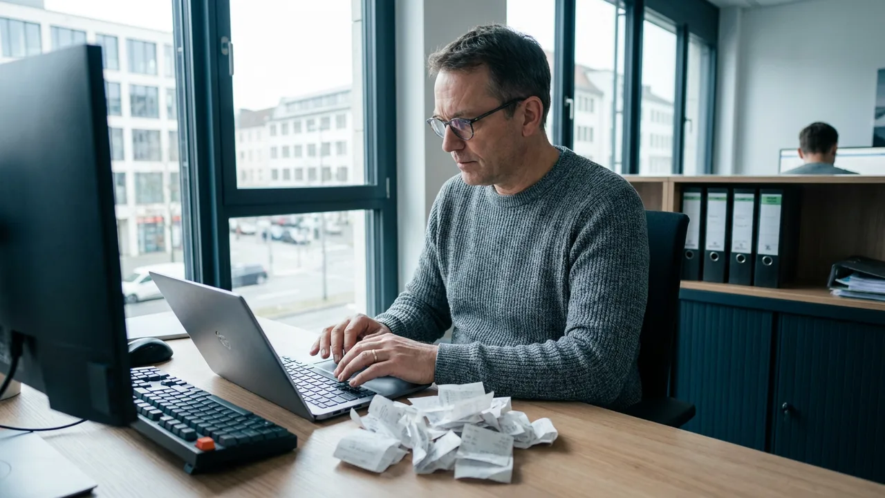 Eine Buchhalterin erfasst Eingangsrechnungen am Computer neben einem Belegstapel.