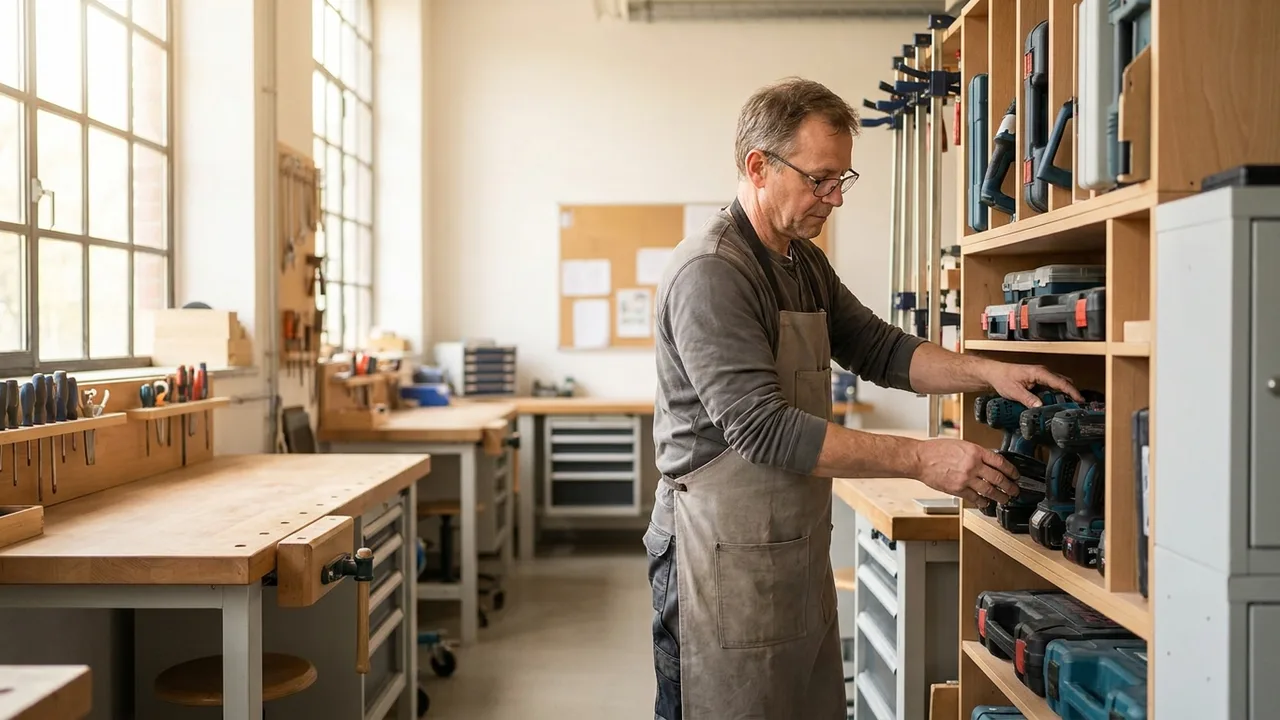Ein Handwerker ordnet Elektrowerkzeuge in einem Werkstattregal.