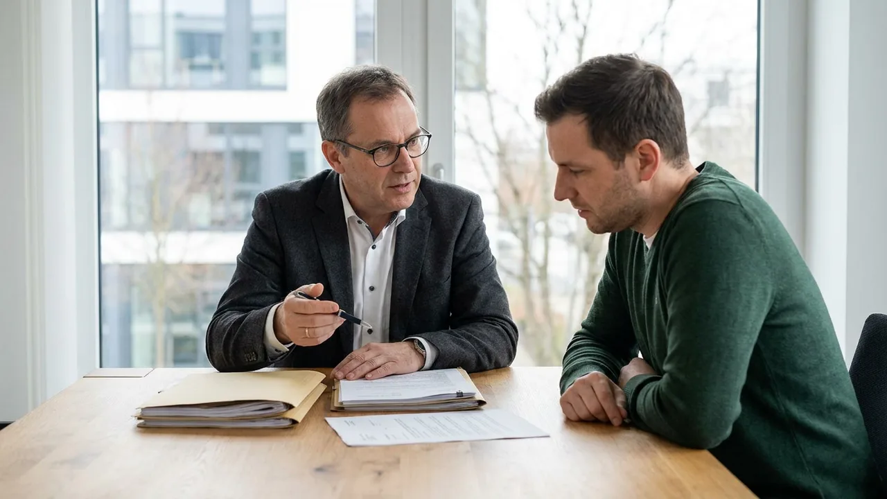 Ein Steuerberater erläutert einer Mandantin zwei Varianten anhand von Unterlagen.
