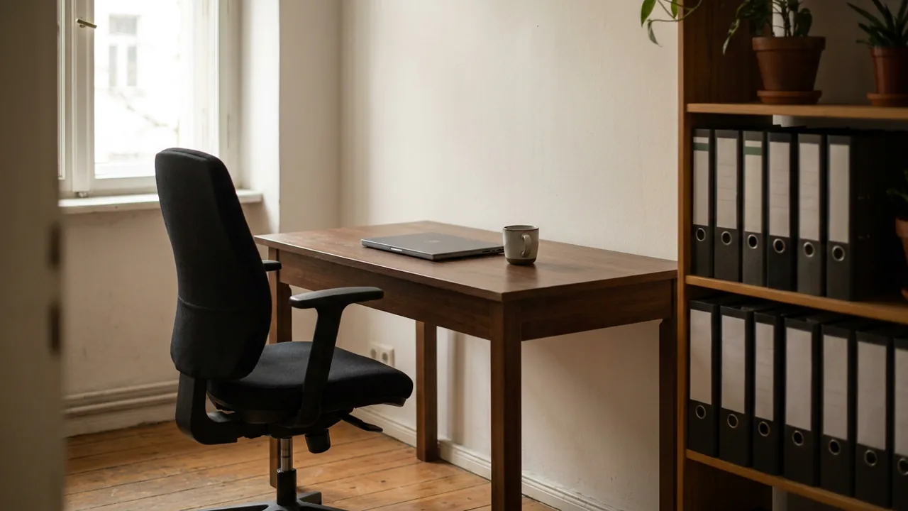 Ein separater Arbeitsraum in einer Wohnung mit Schreibtisch, Bürostuhl und Aktenregal.