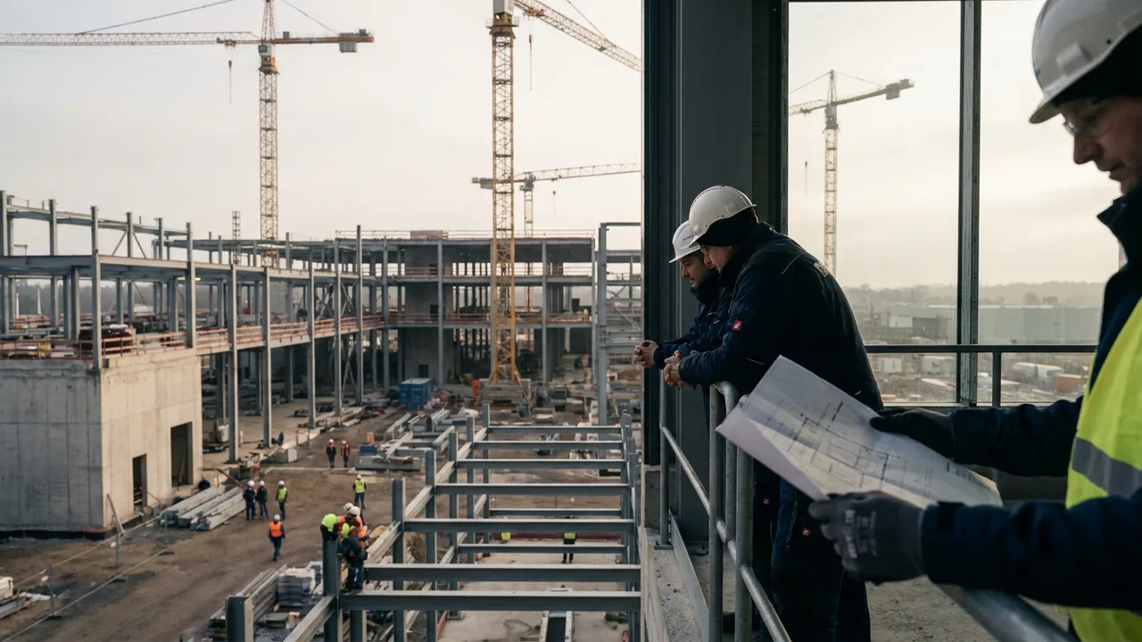 Baustelle einer Chipfabrik mit Kränen und Stahlkonstruktion