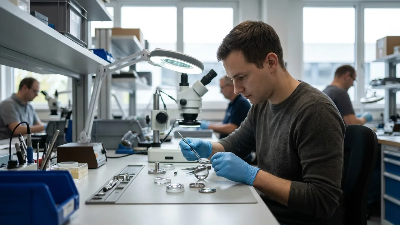 Techniker montiert optische Präzisionskomponenten