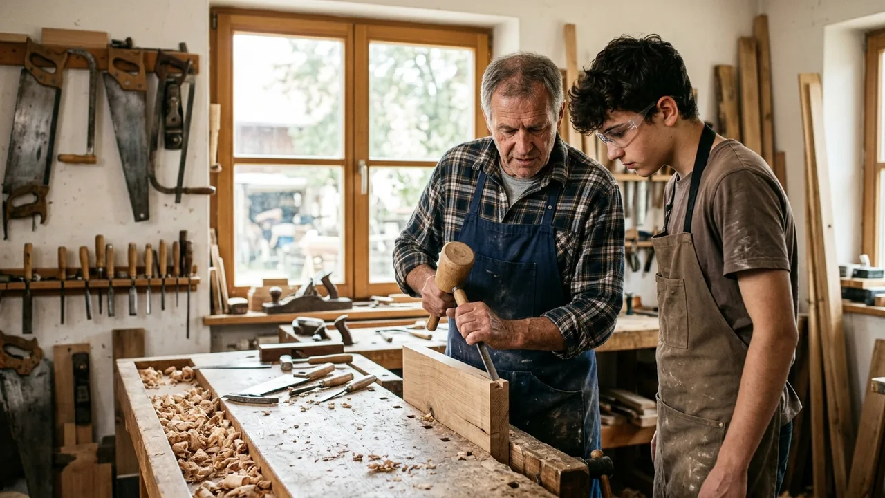 Ein Handwerksmeister zeigt einem jungen Auszubildenden eine Arbeitstechnik in der Werkstatt.
