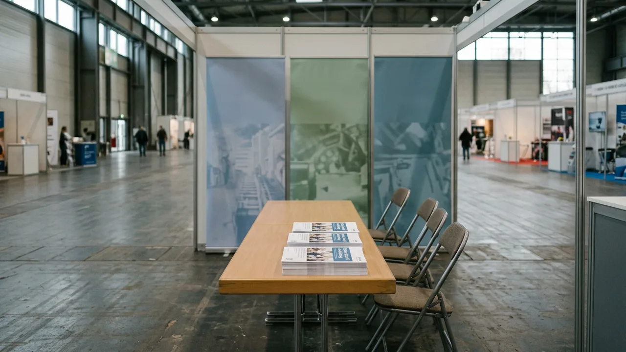 Ein unbesetzter Informationsstand für Ausbildungsplätze auf einer Handwerksmesse.