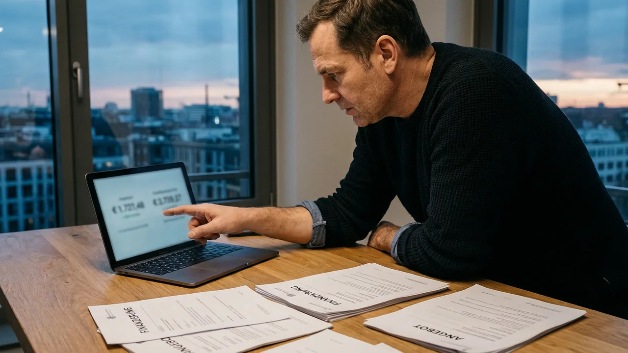Unternehmer vergleicht Finanzierungsangebote am Laptop