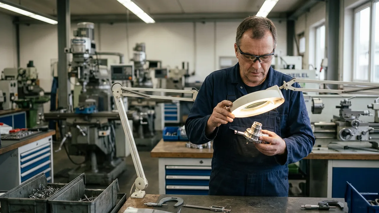 Ein Facharbeiter prüft ein Präzisionsbauteil in einer kleinen Maschinenbauwerkstatt.