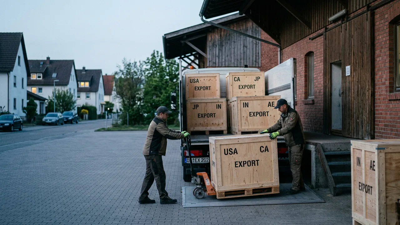 Exportkisten werden auf einen Lastwagen vor einer kleinen Fabrik verladen.