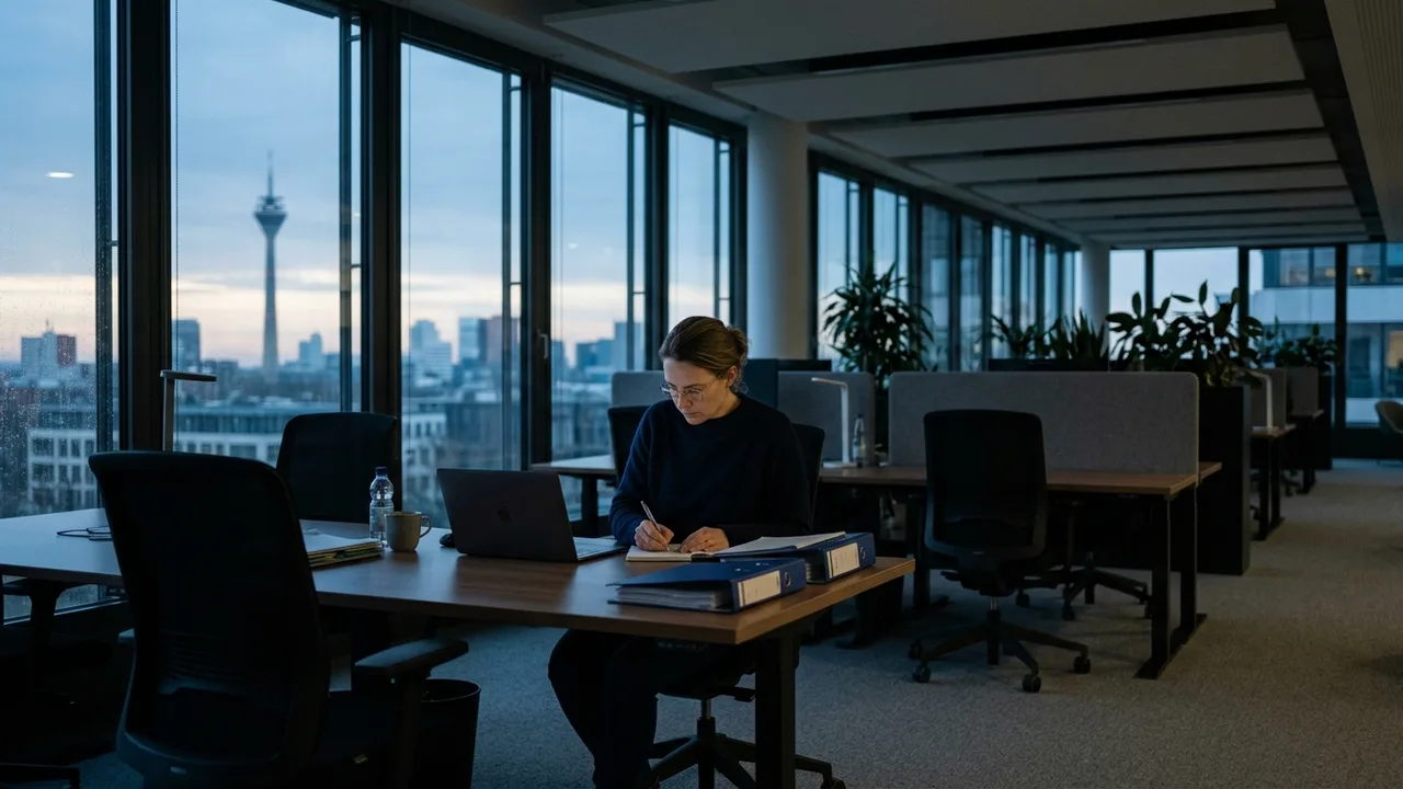 Einzelne Person arbeitet konzentriert an einem Schreibtisch in einem ruhigen Büro am frühen Morgen.