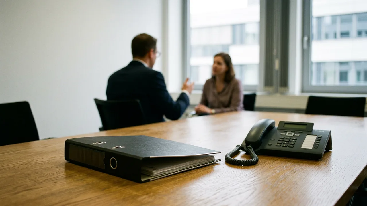 Besprechungsraum mit Aktenordner und Telefon im Vordergrund, im Hintergrund zwei Personen im Gespräch.