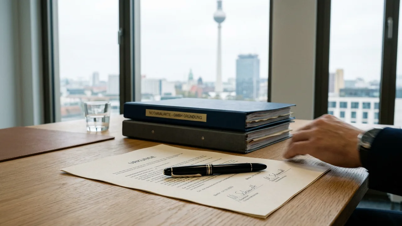 Zwei gestapelte Firmenordner und ein Füllfederhalter auf einem Notartisch vor Berliner Fensterblick.