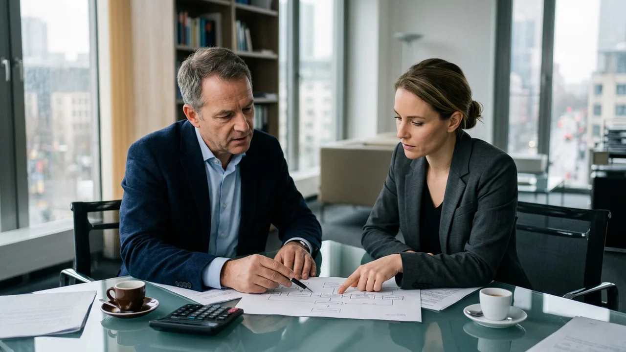 Steuerberater und Unternehmer besprechen am Glastisch eine Konzernstruktur-Skizze.