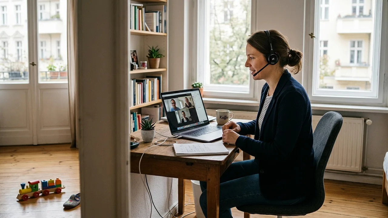 Eine Frau arbeitet am Laptop in einer Wohnzimmerecke, im Hintergrund ist ein Kinderspielzeug zu erkennen.
