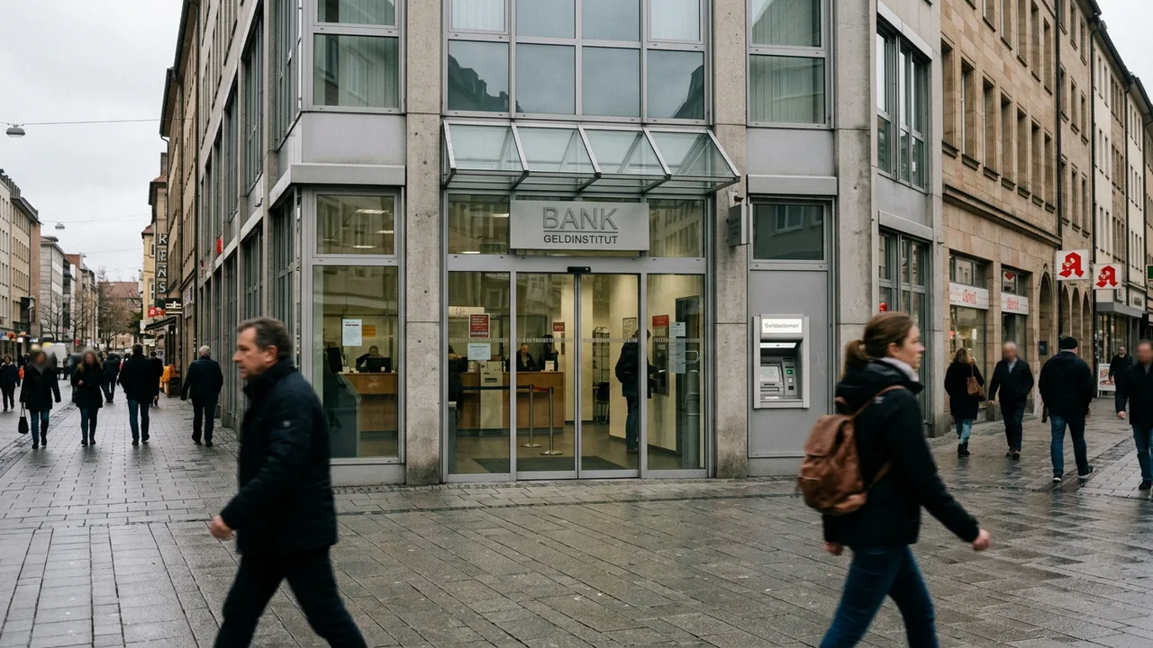 Fassade einer Bankfiliale in einer deutschen Innenstadt bei bewölktem Himmel.