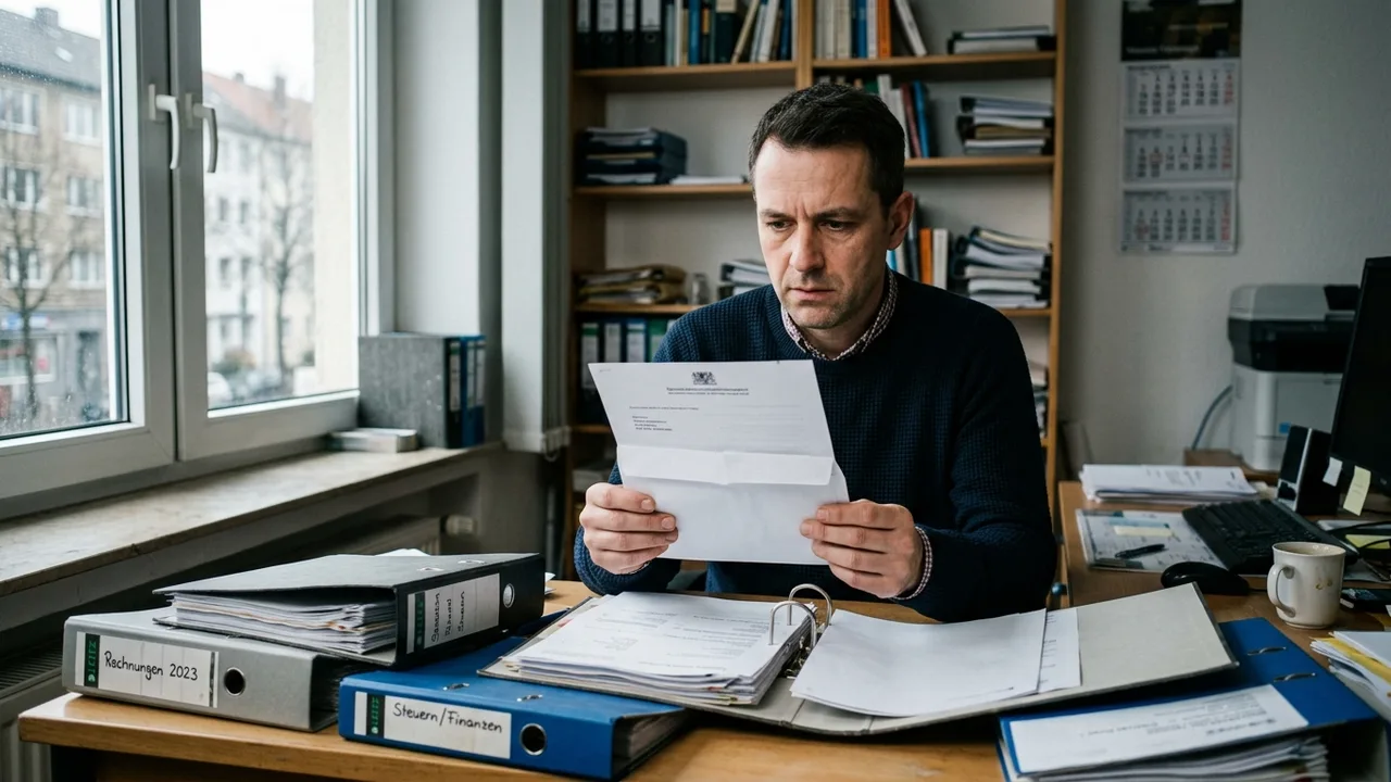 Unternehmer hält besorgt einen amtlichen Brief über einem Schreibtisch mit Rechnungsordnern.