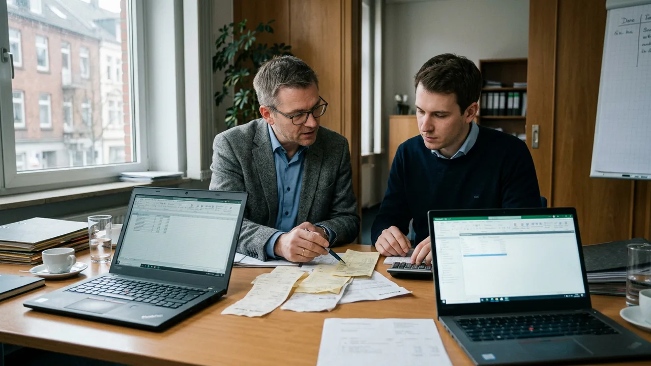 Steuerberater und Firmenkunde vergleichen alte Zahlungsbelege am Besprechungstisch.