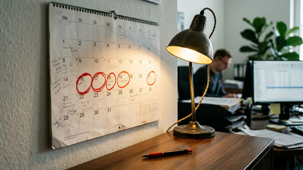 Wandkalender mit rot markierten Tagen neben einer Schreibtischlampe.