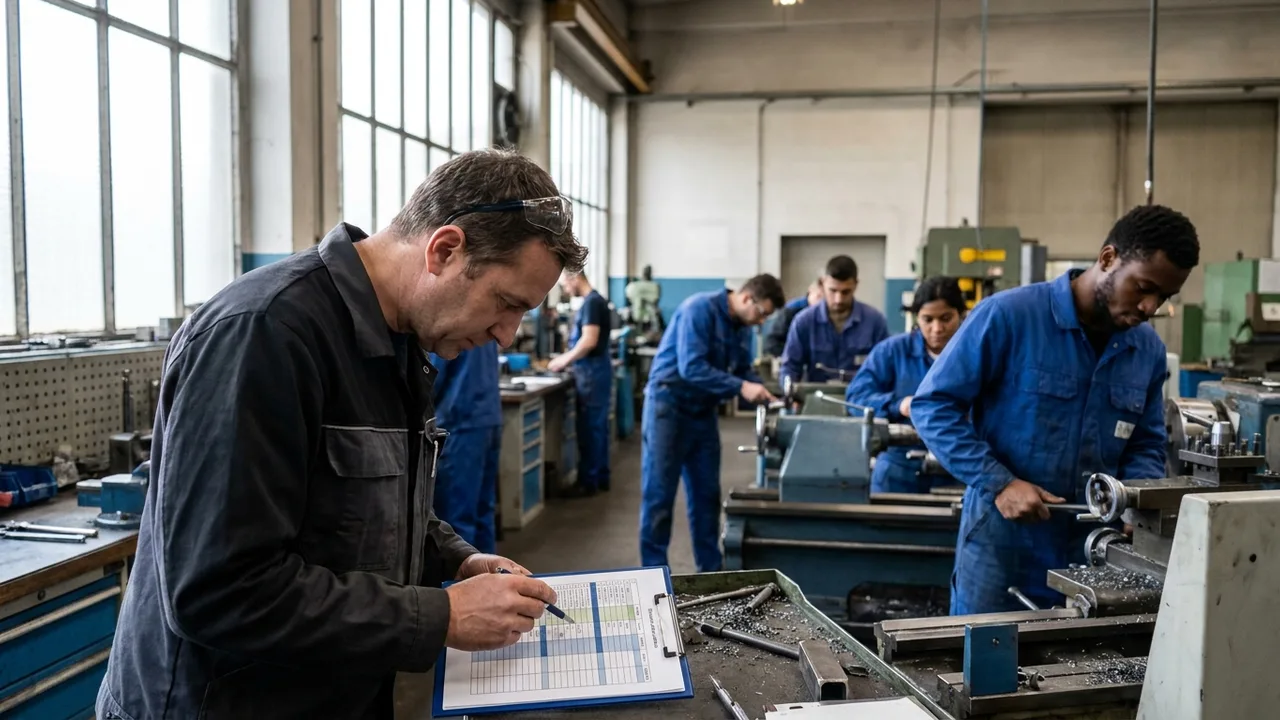 Produktionsteam arbeitet konzentriert an Maschinen in einem mittelständischen Metallbetrieb weiter.