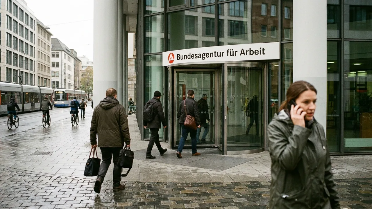 Eingang eines modernen Behördengebäudes, Menschen betreten das Gebäude.