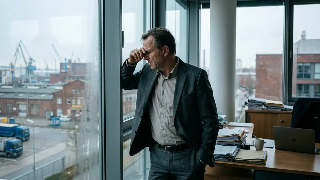 Nachdenklicher Geschäftsführer steht am Fenster seines Büros mit Blick auf den Betriebshof.