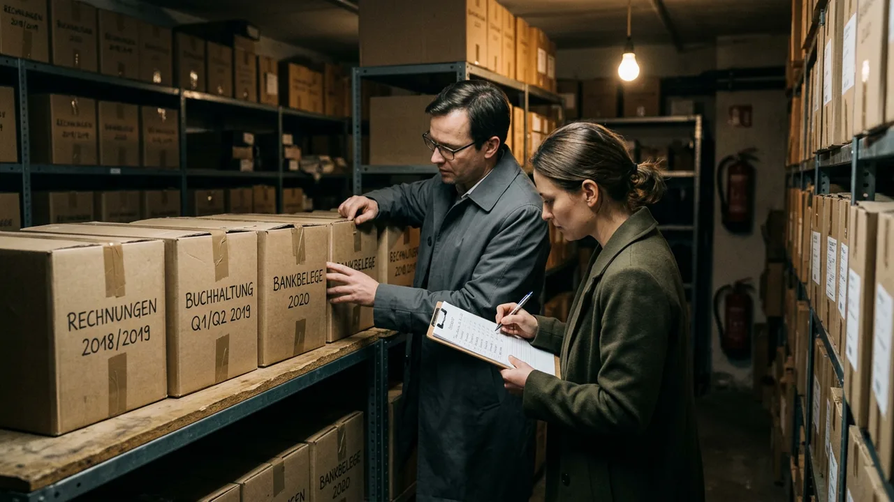 Ermittler prüfen in einem Archivraum versiegelte Aktenkartons eines insolventen Unternehmens.