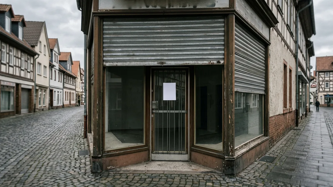 Verlassenes, teilweise heruntergelassenes Ladengeschäft mit einem Aushang an der Glastür bei bewölktem Wetter.
