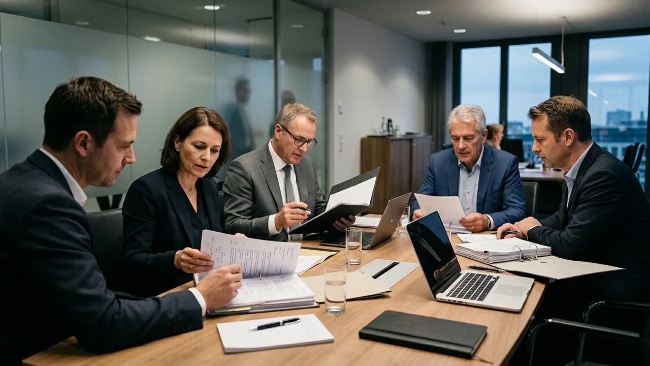 Sitzung eines Gläubigerausschusses mit mehreren Personen an einem Konferenztisch und Aktenordnern