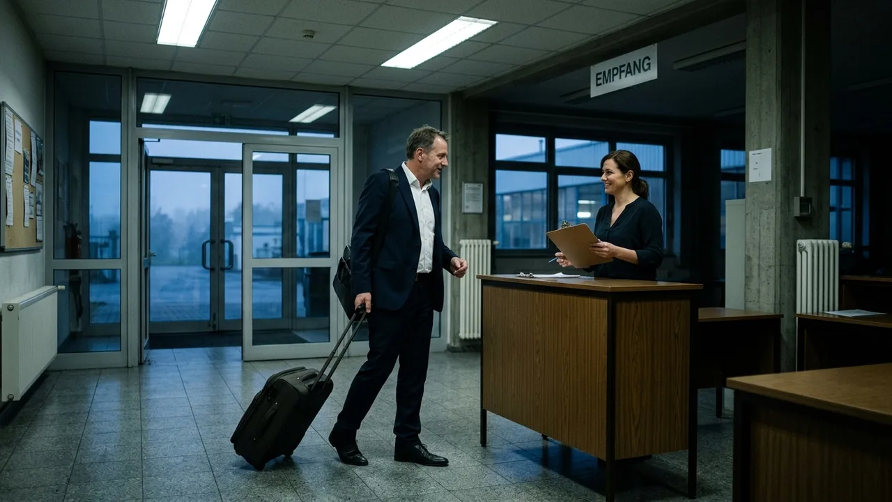 Mann mit Rollkoffer wird in der Lobby eines Fabrikgebäudes von einer Mitarbeiterin empfangen.
