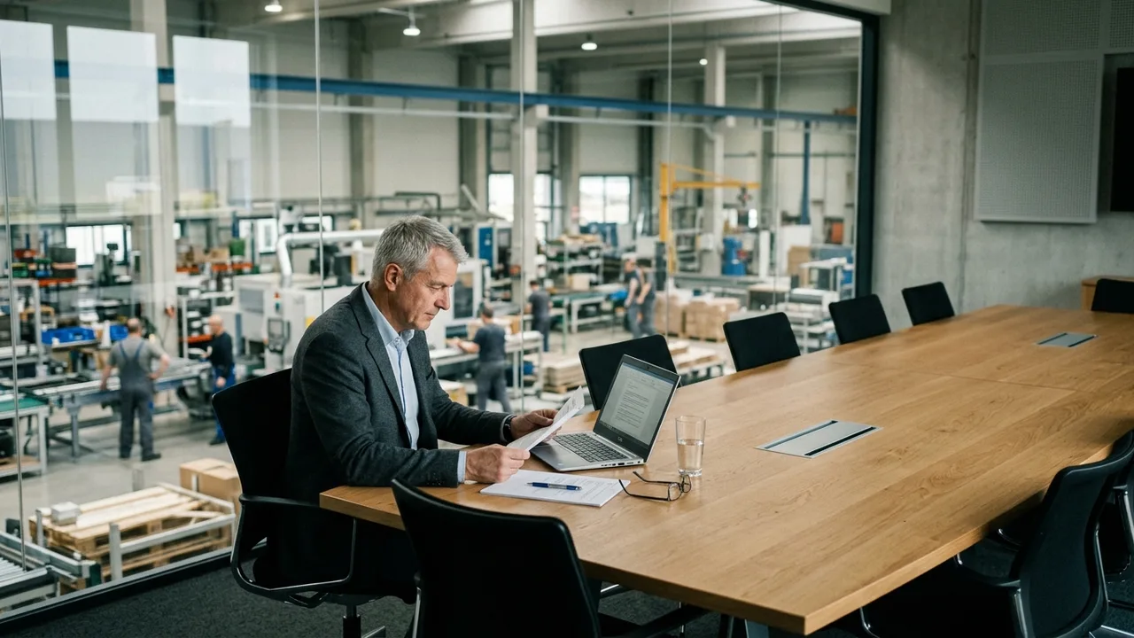 Manager liest allein in Unterlagen an einem Besprechungstisch mit Blick auf eine Produktionshalle.