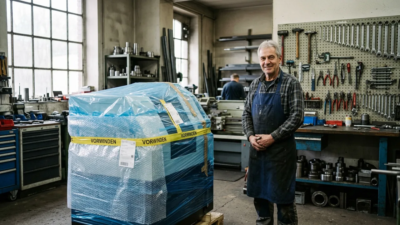 Ein Werkstattinhaber steht neben einer neuen, noch verpackten Maschine in seiner Werkstatt.