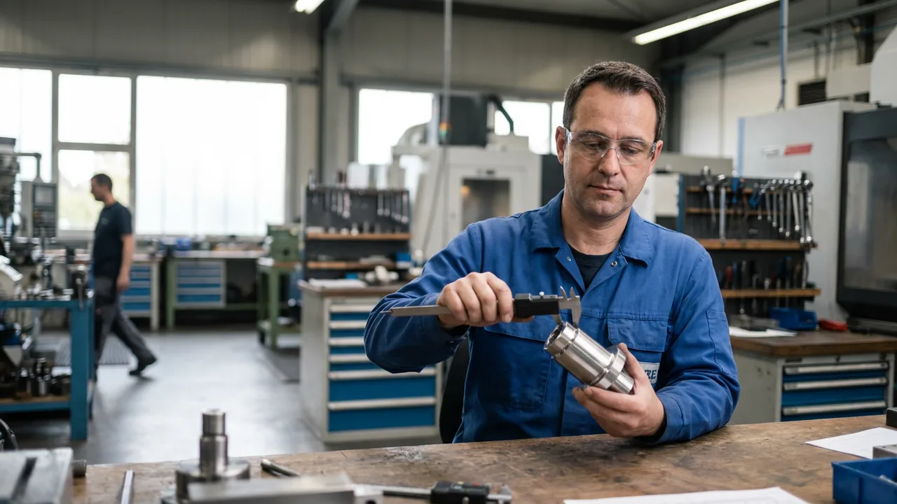 Qualitätsverantwortlicher prüft Bauteil mit Messschieber in der Werkstatt