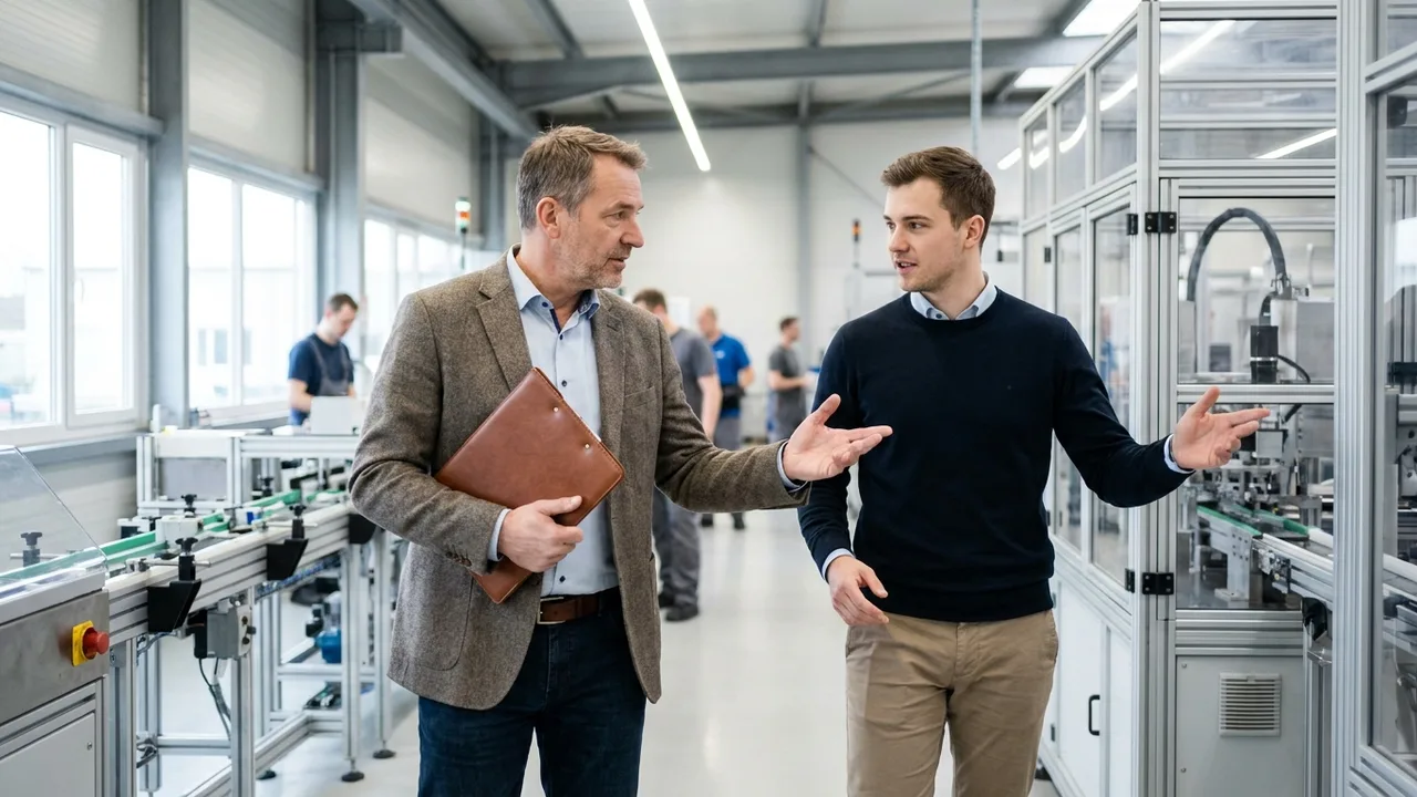 Auditor und Mitarbeiterin gehen gemeinsam durch die Produktionshalle