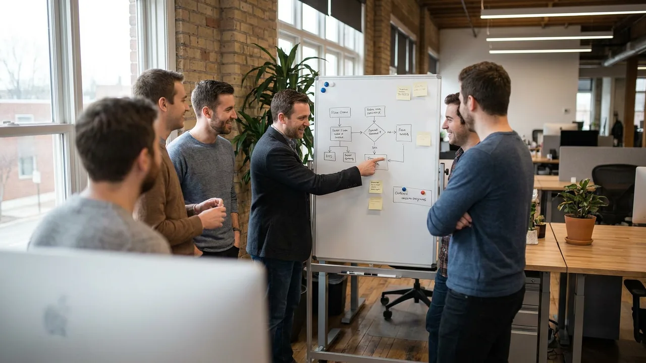 Team bespricht Prozessdarstellungen am Whiteboard