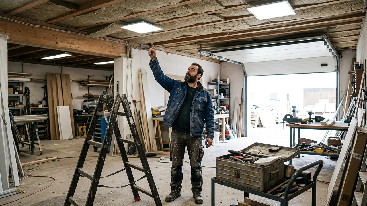 Handwerksbetrieb-Inhaber steht in einer teilrenovierten Werkstatt mit neuer Beleuchtung und Dämmung.