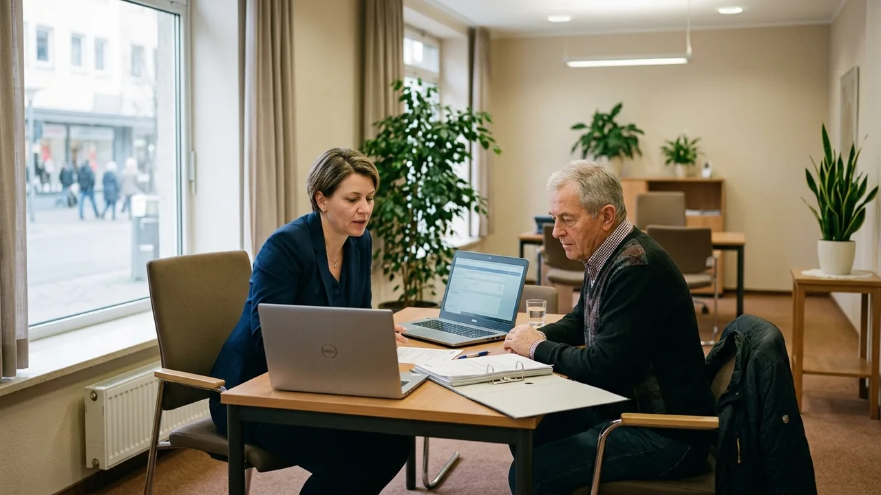Bankberater und Kundin sitzen an einem Schreibtisch mit Laptop in einer Bankfiliale.