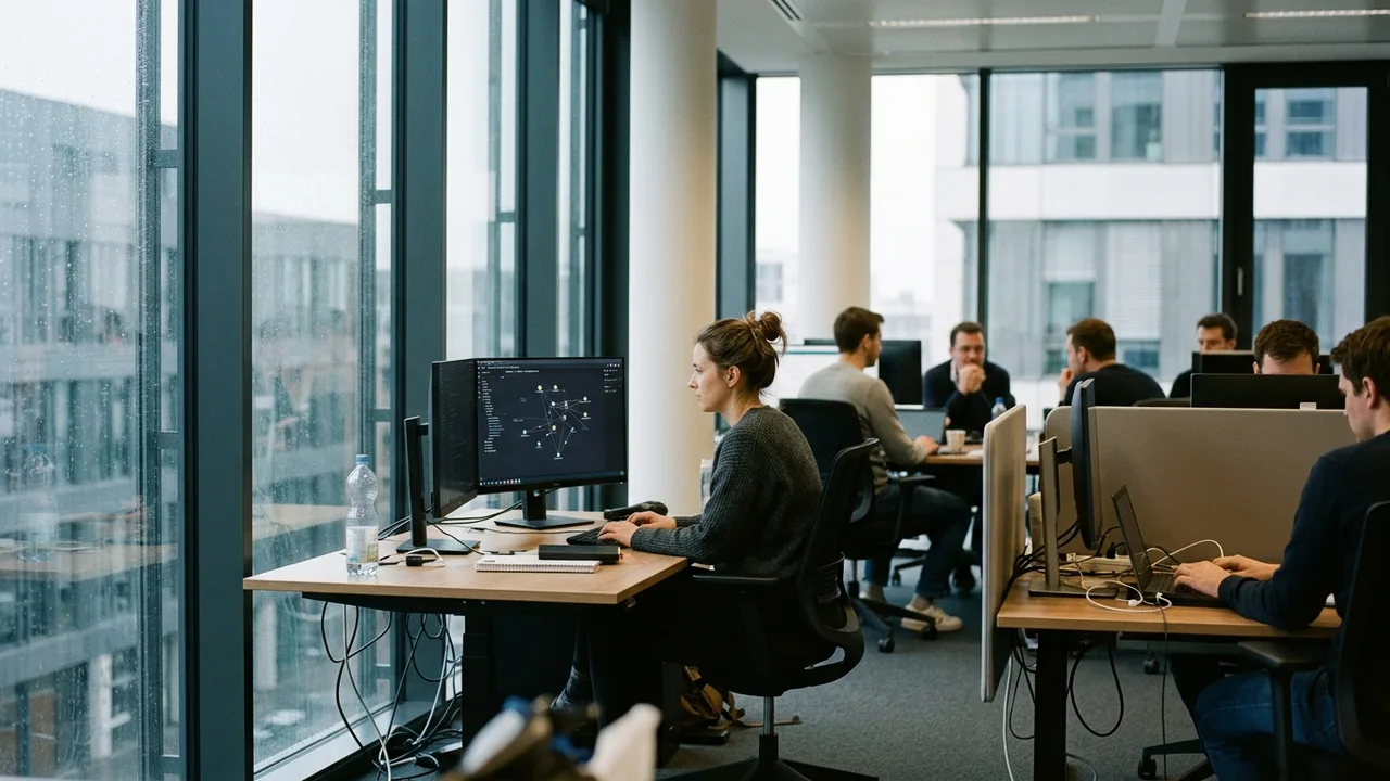 Angestellte arbeiten an Computern in einem Großraumbüro.