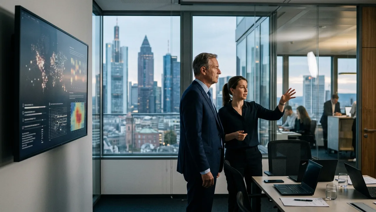 Geschäftsführerin und Analyst besprechen vor einem Bildschirm mit Datenvisualisierungen im Büro.